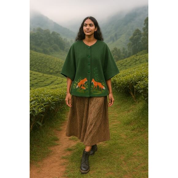 Artsy Bohemian Cape Poncho O/S Fox Embroidery Wool Alpaca Blend Cottage Country - Picture 1 of 11